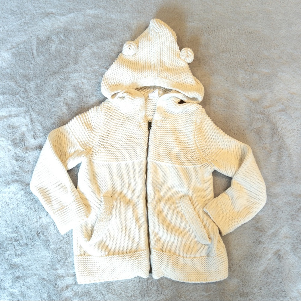 GAP Girls Knit Sweater Zip Up Hooded Bear Ears Ivory Cream Size 4 Years
